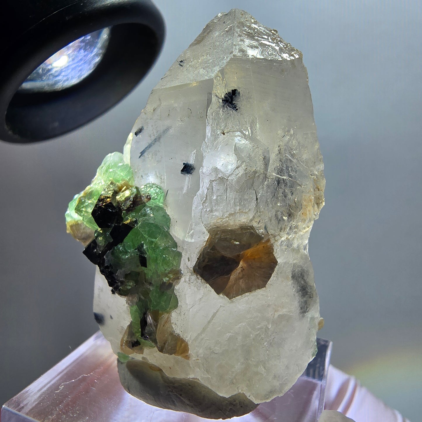 Phantom Fluorit, Rauchquarz, Schörl Turmalin, Muskovit, Hyalit Erongo, Namibia 39*30*17mm