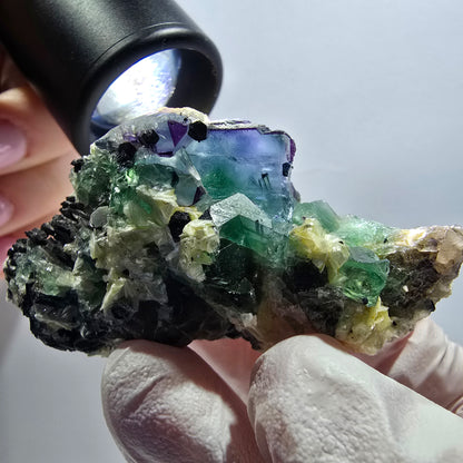 Phantom Fluorit Würfel, Schörl Turmalin, Muskovit Stufe Erongo, Namibia 62*32*30mm