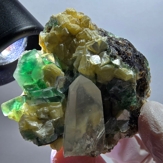 Phantom Fluorit Würfel, Rauchquarz, Muskovit, Schörl Turmalin Erongo, Namibia 60*45*27mm