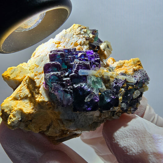 Phantom Fluorit Würfel, gestuft, Aquamarin, Orthoklas Stufe Erongo, Namibia 51*50*24mm