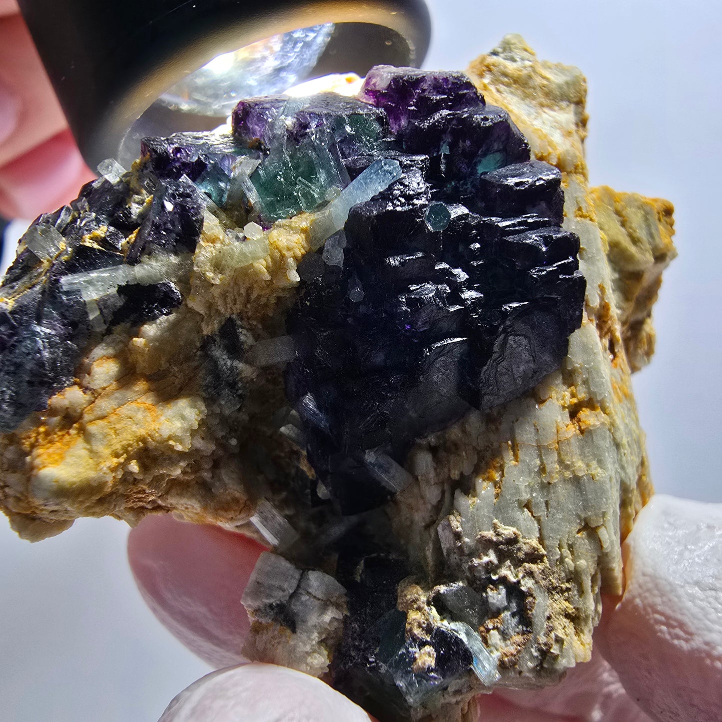 Phantom Fluorit Würfel, gestuft, Aquamarin, Orthoklas Stufe Erongo, Namibia 51*50*24mm