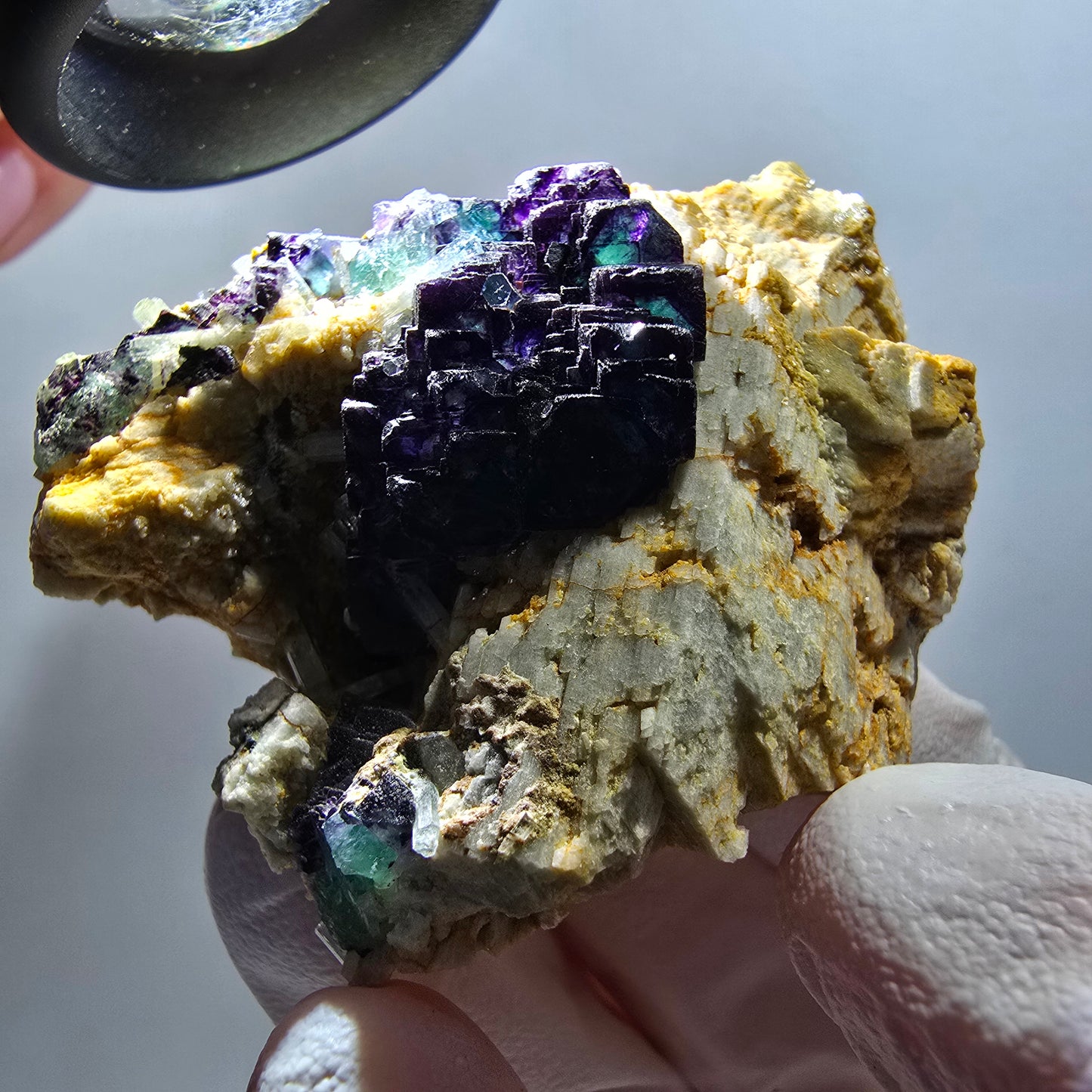 Phantom Fluorit Würfel, gestuft, Aquamarin, Orthoklas Stufe Erongo, Namibia 51*50*24mm