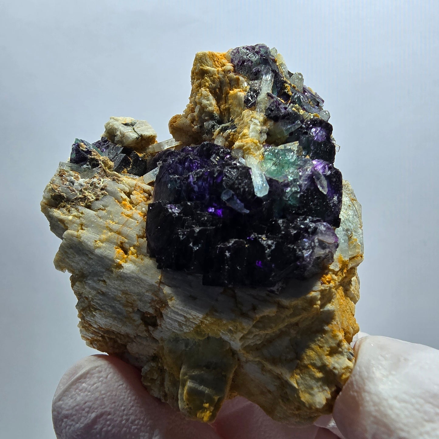 Phantom Fluorit Würfel, gestuft, Aquamarin, Orthoklas Stufe Erongo, Namibia 51*50*24mm