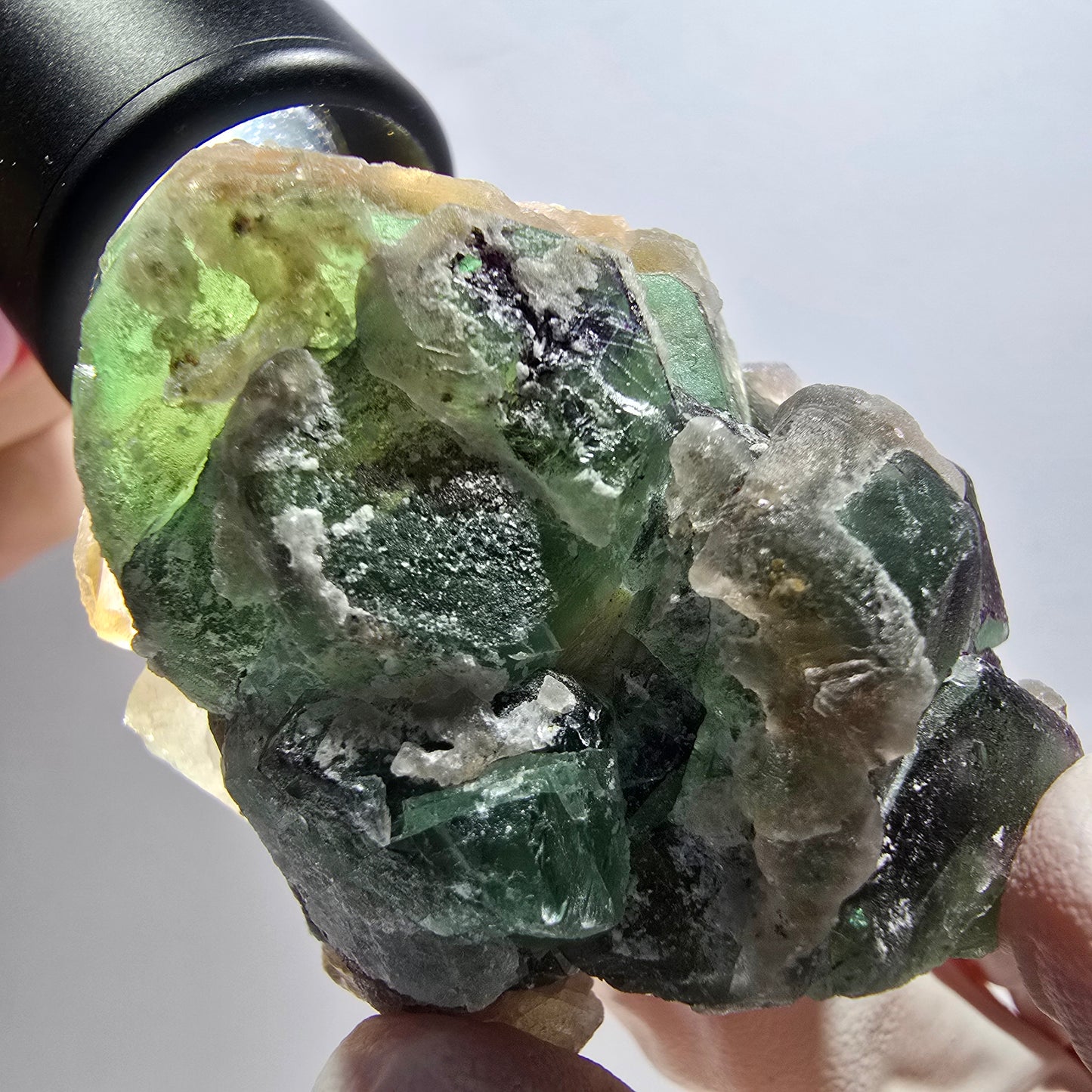 Cube de fluorite fantôme, quartz fumé, spécimen de muscovite d'Erongo, Namibie 56*52*41 mm 