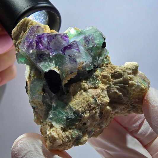 Phantom Fluorit Würfel, Schörl Turmalin, Orthoklas Stufe Erongo, Namibia 63*49*24mm