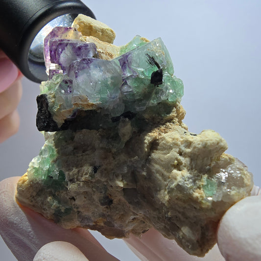 Phantom Fluorit Würfel, Schörl Turmalin, Orthoklas Stufe Erongo, Namibia 63*49*24mm