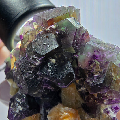 Phantom Fluorit Würfel, hexagonal, Muskovit, Hyalit Opal Stufe Erongo, Namibia 54*44*25mm