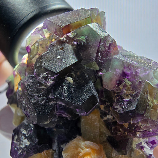 Phantom Fluorit Würfel, hexagonal, Muskovit, Hyalit Opal Stufe Erongo, Namibia 54*44*25mm