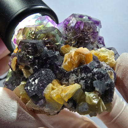 Phantom Fluorit Würfel, hexagonal, Muskovit, Hyalit Opal Stufe Erongo, Namibia 54*44*25mm