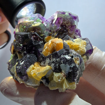 Phantom Fluorit Würfel, hexagonal, Muskovit, Hyalit Opal Stufe Erongo, Namibia 54*44*25mm