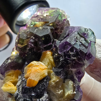 Phantom Fluorit Würfel, hexagonal, Muskovit, Hyalit Opal Stufe Erongo, Namibia 54*44*25mm