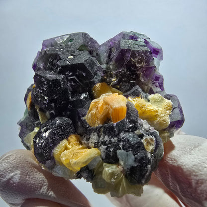 Phantom Fluorit Würfel, hexagonal, Muskovit, Hyalit Opal Stufe Erongo, Namibia 54*44*25mm