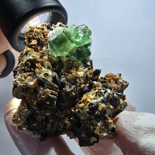 Phantom Fluorit Würfel, hexagonal, Schörl Turmalin, Muskovit Erongo, Namibia 53*43*35mm