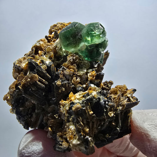 Phantom Fluorit Würfel, hexagonal, Schörl Turmalin, Muskovit Erongo, Namibia 53*43*35mm
