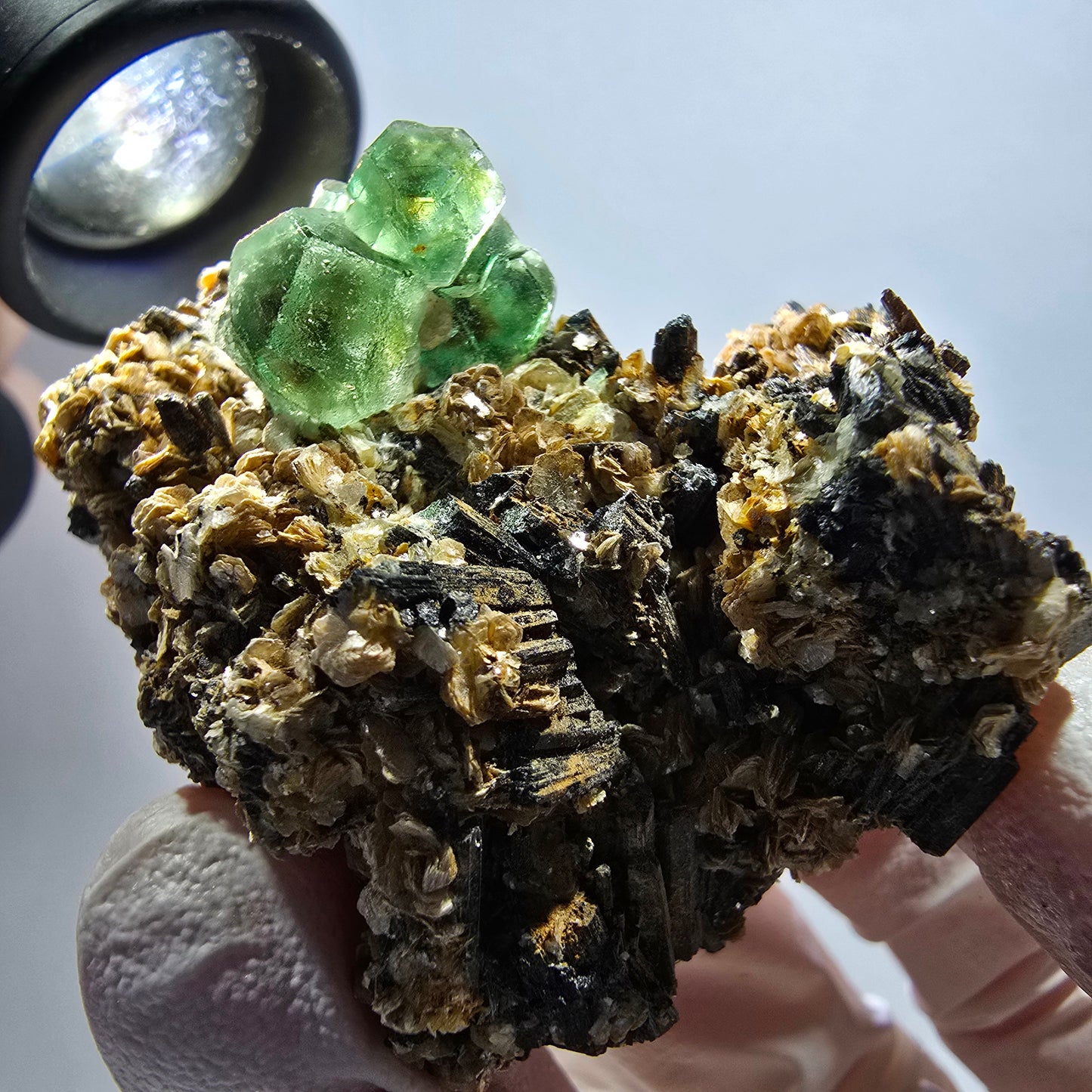 Phantom Fluorit Würfel, hexagonal, Schörl Turmalin, Muskovit Erongo, Namibia 53*43*35mm