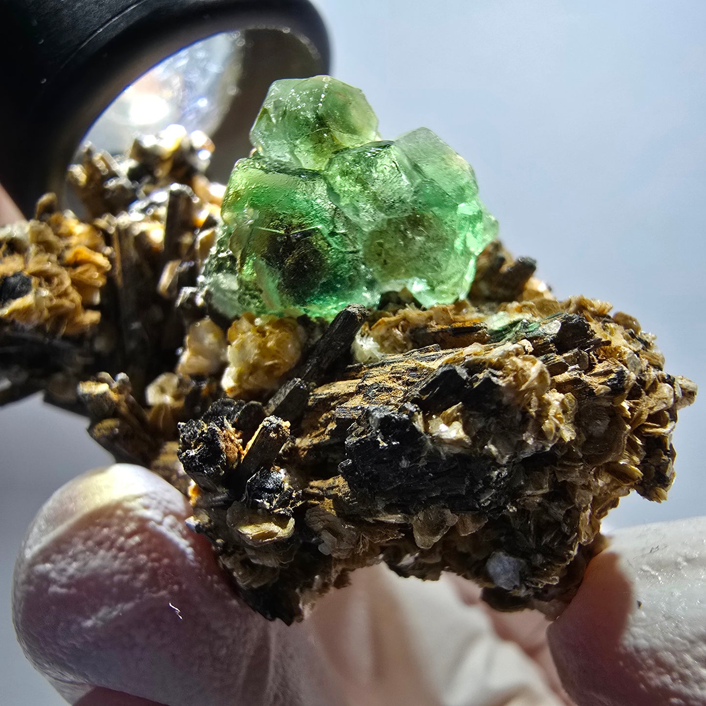 Phantom Fluorit Würfel, hexagonal, Schörl Turmalin, Muskovit Erongo, Namibia 53*43*35mm