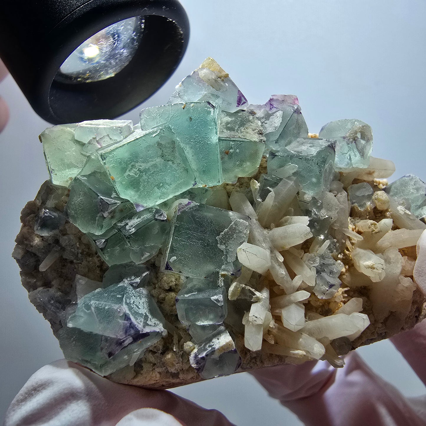 Seltene Phantom Fluorit Würfel, zonal, Quarz Stufe Brandberg, Namibia 68*47*28mm