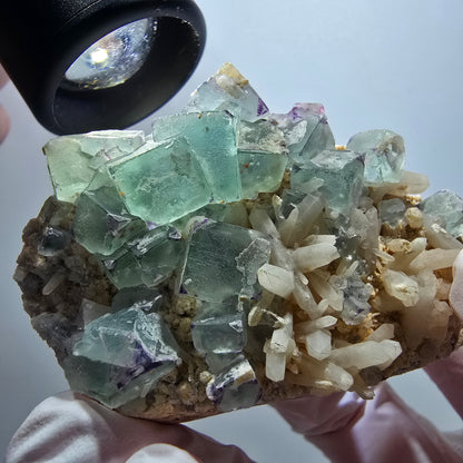 Seltene Phantom Fluorit Würfel, zonal, Quarz Stufe Brandberg, Namibia 68*47*28mm