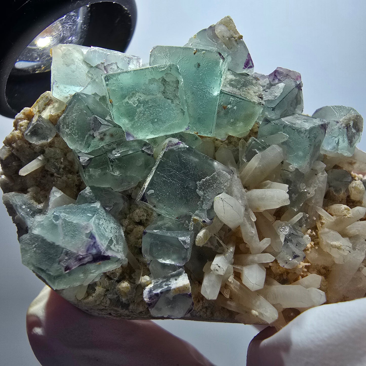 Seltene Phantom Fluorit Würfel, zonal, Quarz Stufe Brandberg, Namibia 68*47*28mm