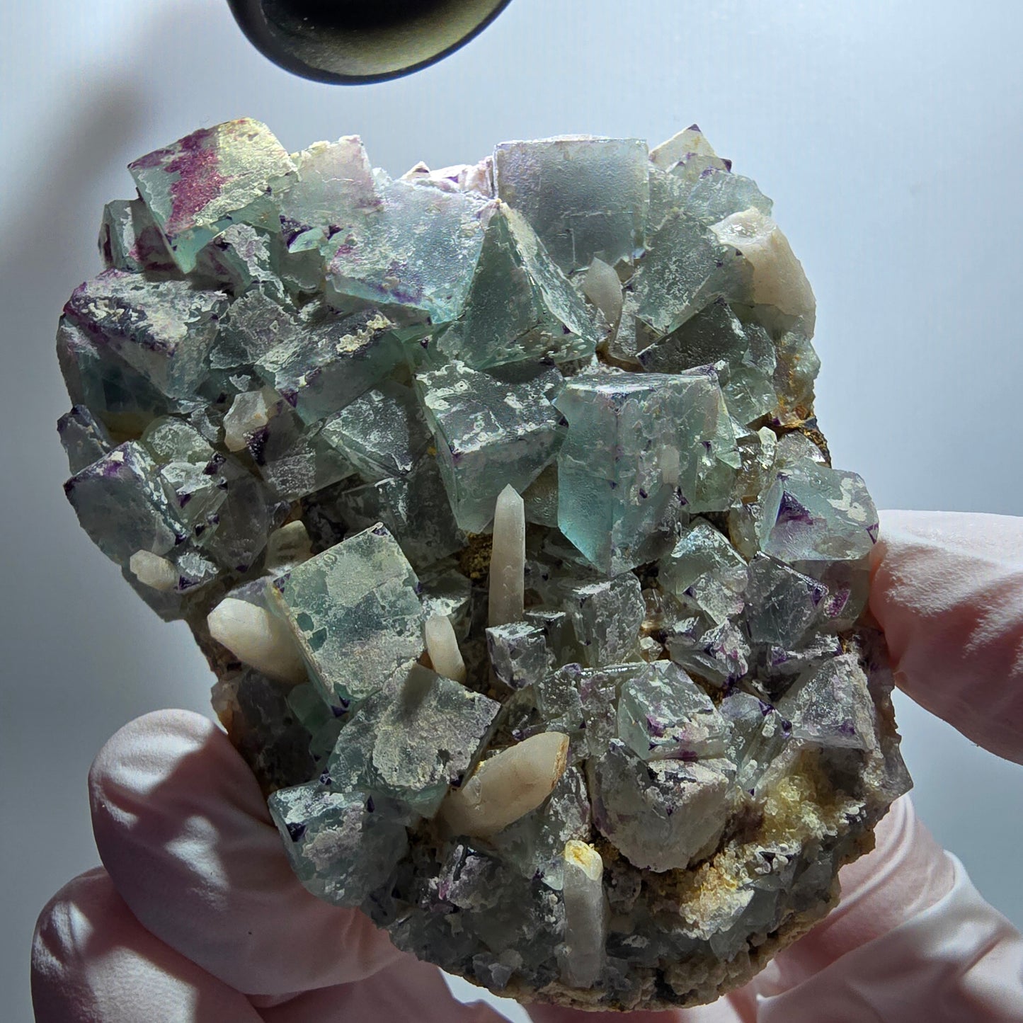 Seltene Phantom Fluorit Würfel, zonal, Quarz Stufe Brandberg, Namibia 78*58*24mm