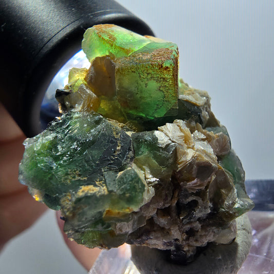 Phantom Fluorit, Schörl Turmalin, Muskovit, Hyalit Erongo, Namibia 34*31*18mm