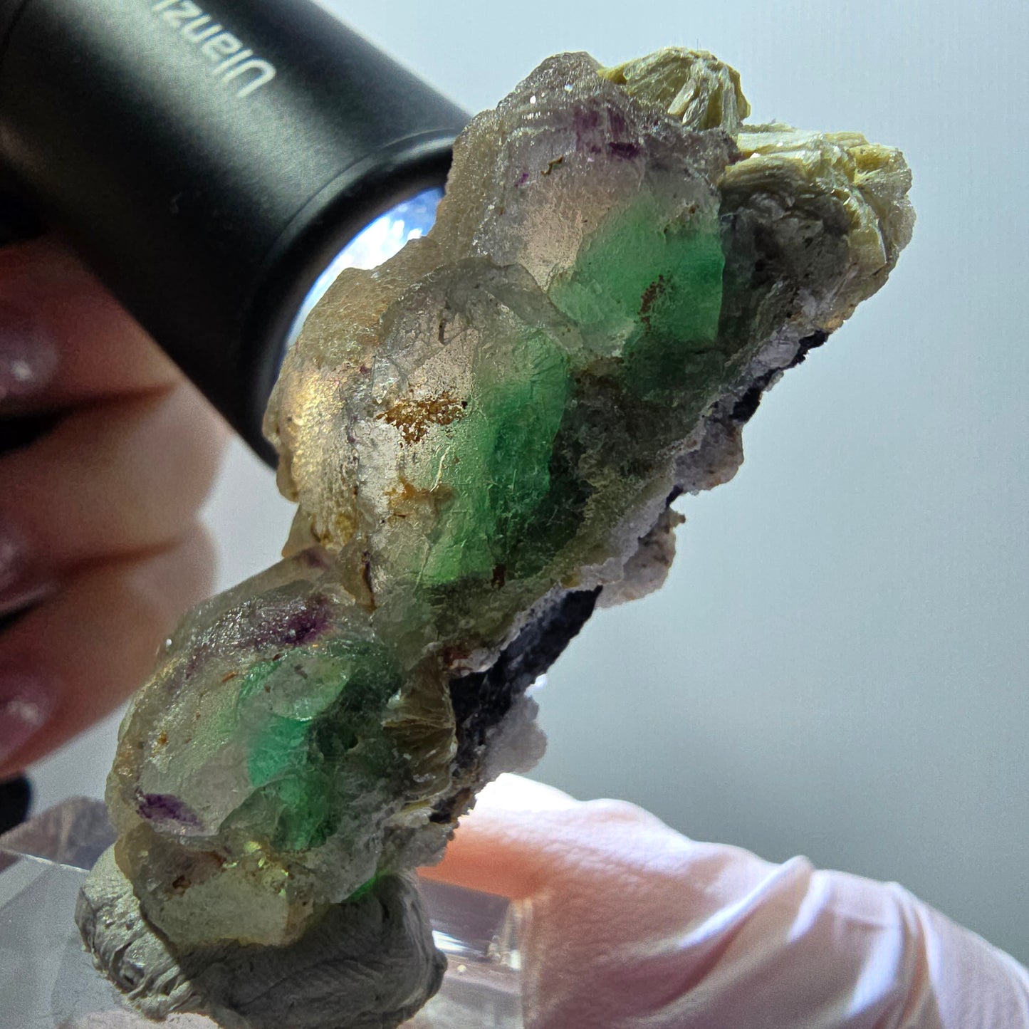 Phantom Fluorit, Schörl Turmalin, Muskovit, Hyalit Erongo, Namibia 46*32*21mm