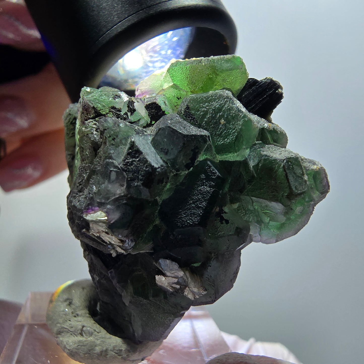 Phantom Fluorit, hexagonal, Schörl Turmalin, Muskovit Erongo, Namibia 41*36*25mm