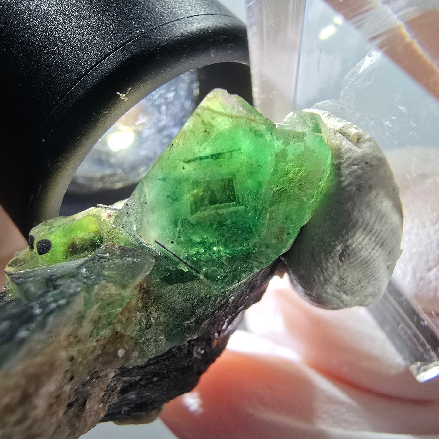 Phantom Fluorit, Schörl Turmalin, Muskovit, Hyalit Erongo, Namibia 40*26*13mm
