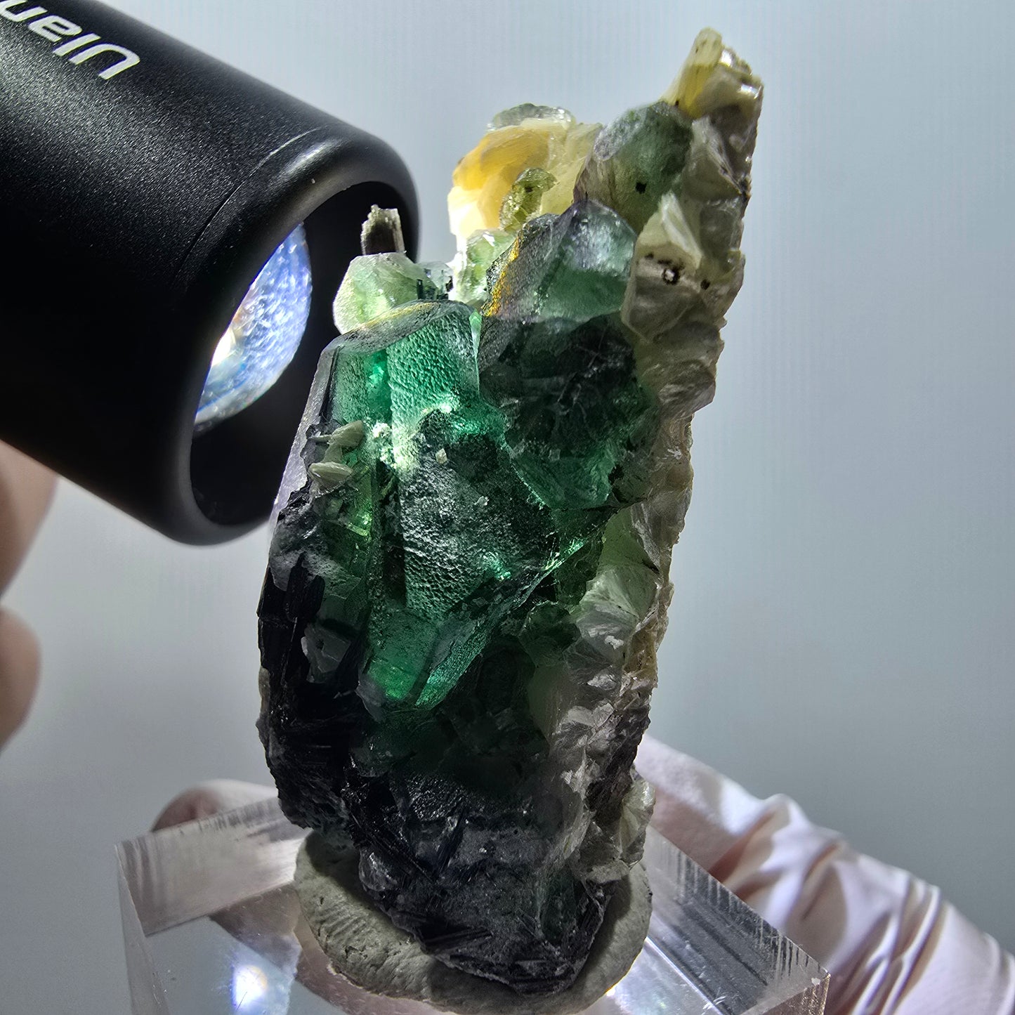 Phantom Fluorit, hexagonal, Schörl Turmalin, Muskovit, Hyalit Erongo, Namibia 51*27*19mm