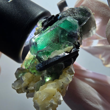 Phantom Fluorit, hexagonal, Schörl Turmalin, Muskovit, Hyalit Erongo, Namibia 51*27*19mm