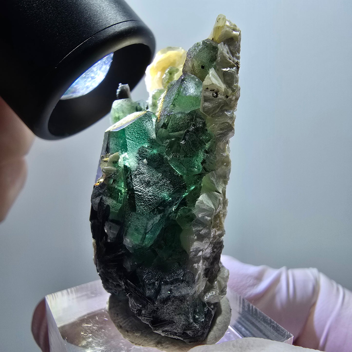 Phantom Fluorit, hexagonal, Schörl Turmalin, Muskovit, Hyalit Erongo, Namibia 51*27*19mm