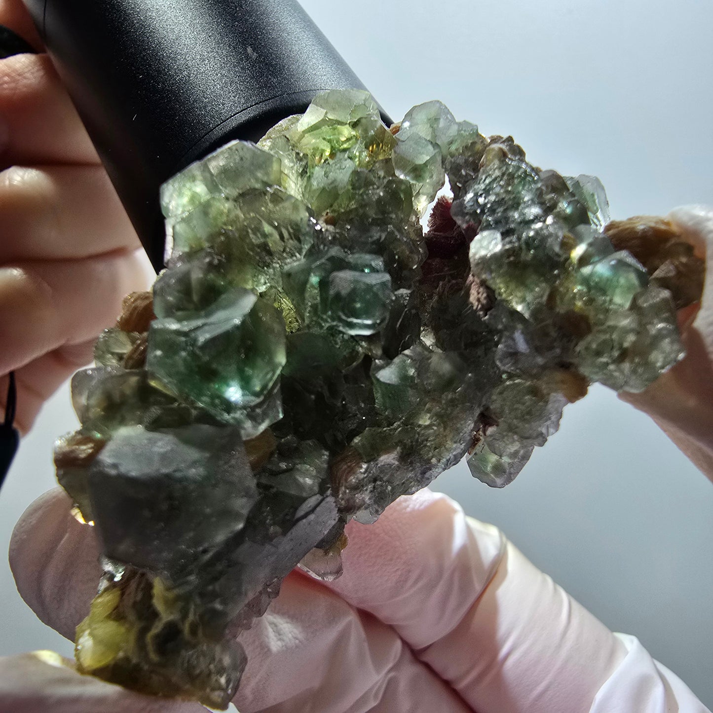 Phantom Fluorit Würfel, Hyalit, Muskovit Stufe Erongo, Namibia 53*28*32mm