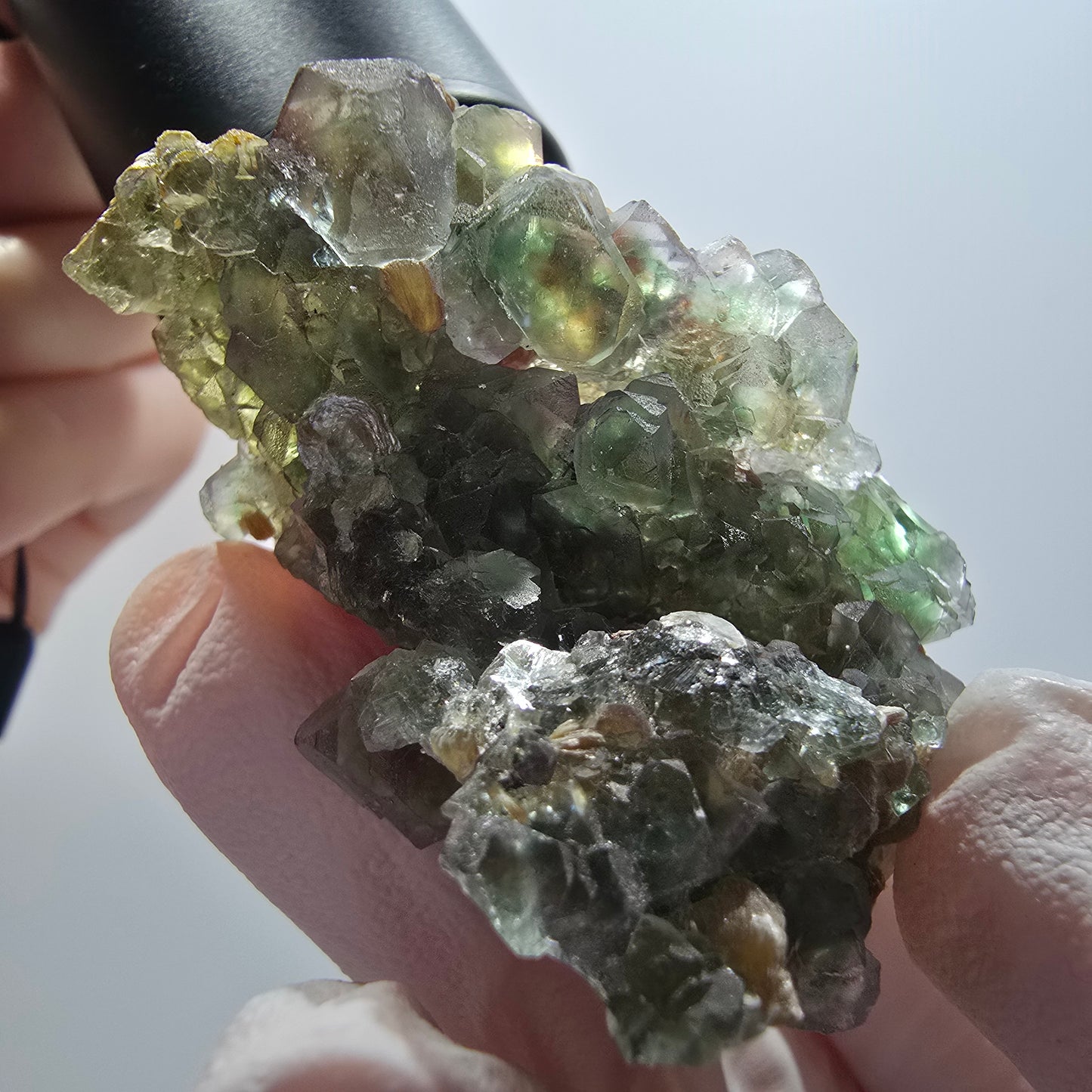 Phantom Fluorit Würfel, Hyalit, Muskovit Stufe Erongo, Namibia 53*28*32mm