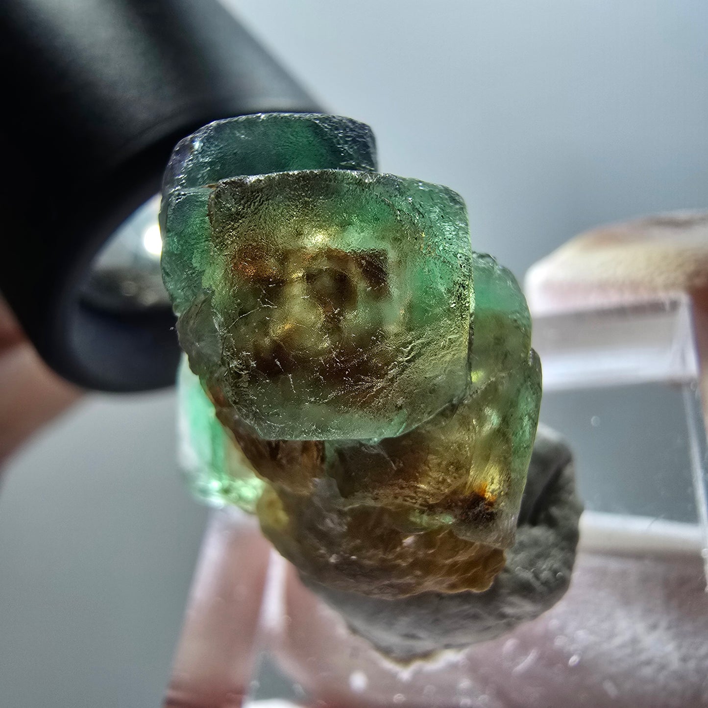 Klare Phantom Fluorit Würfel Stufe, grün braun Erongo, Namibia 24*20*20mm