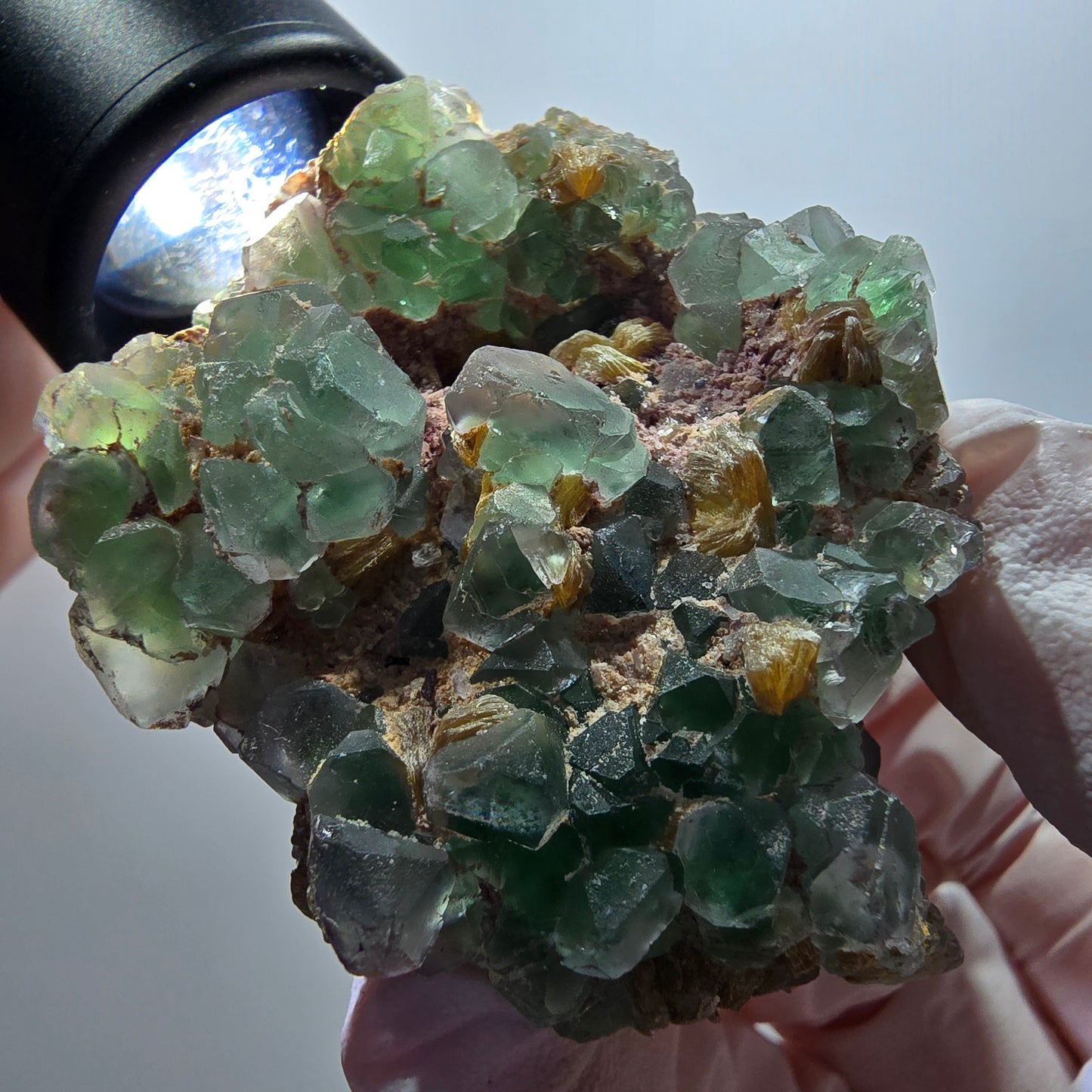 Seltene Phantom Fluorit Würfel, Muskovit Stufe Erongo, Namibia 68*51*41mm