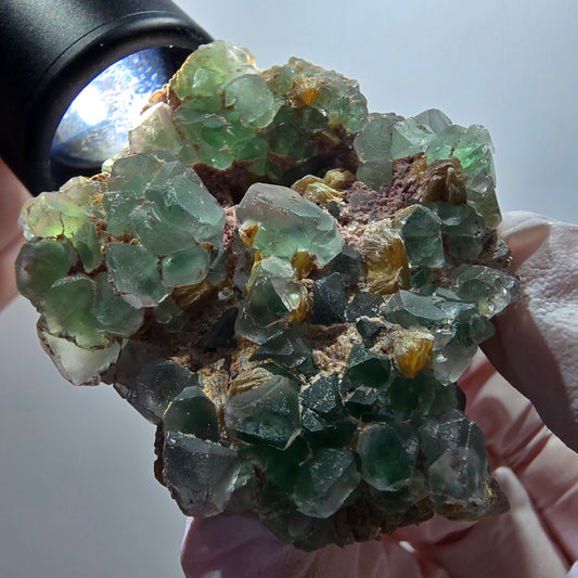 Seltene Phantom Fluorit Würfel, Muskovit Stufe Erongo, Namibia 68*51*41mm