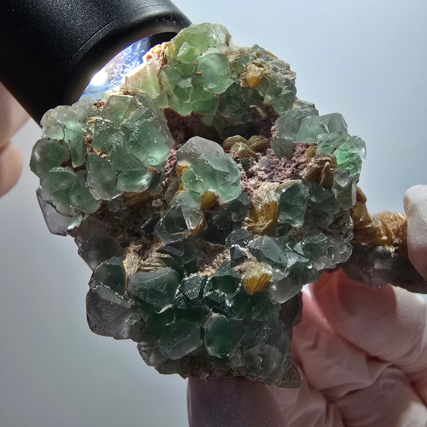 Seltene Phantom Fluorit Würfel, Muskovit Stufe Erongo, Namibia 68*51*41mm