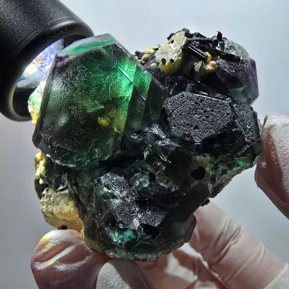 Phantom Fluorit, hexagonal, Schörl Turmalin, Muskovit Erongo, Namibia 67*61*49mm
