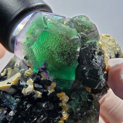 Phantom Fluorit, hexagonal, Schörl Turmalin, Muskovit Erongo, Namibia 67*61*49mm