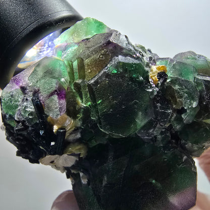 Phantom Fluorit, hexagonal, Schörl Turmalin, Muskovit Erongo, Namibia 67*61*49mm