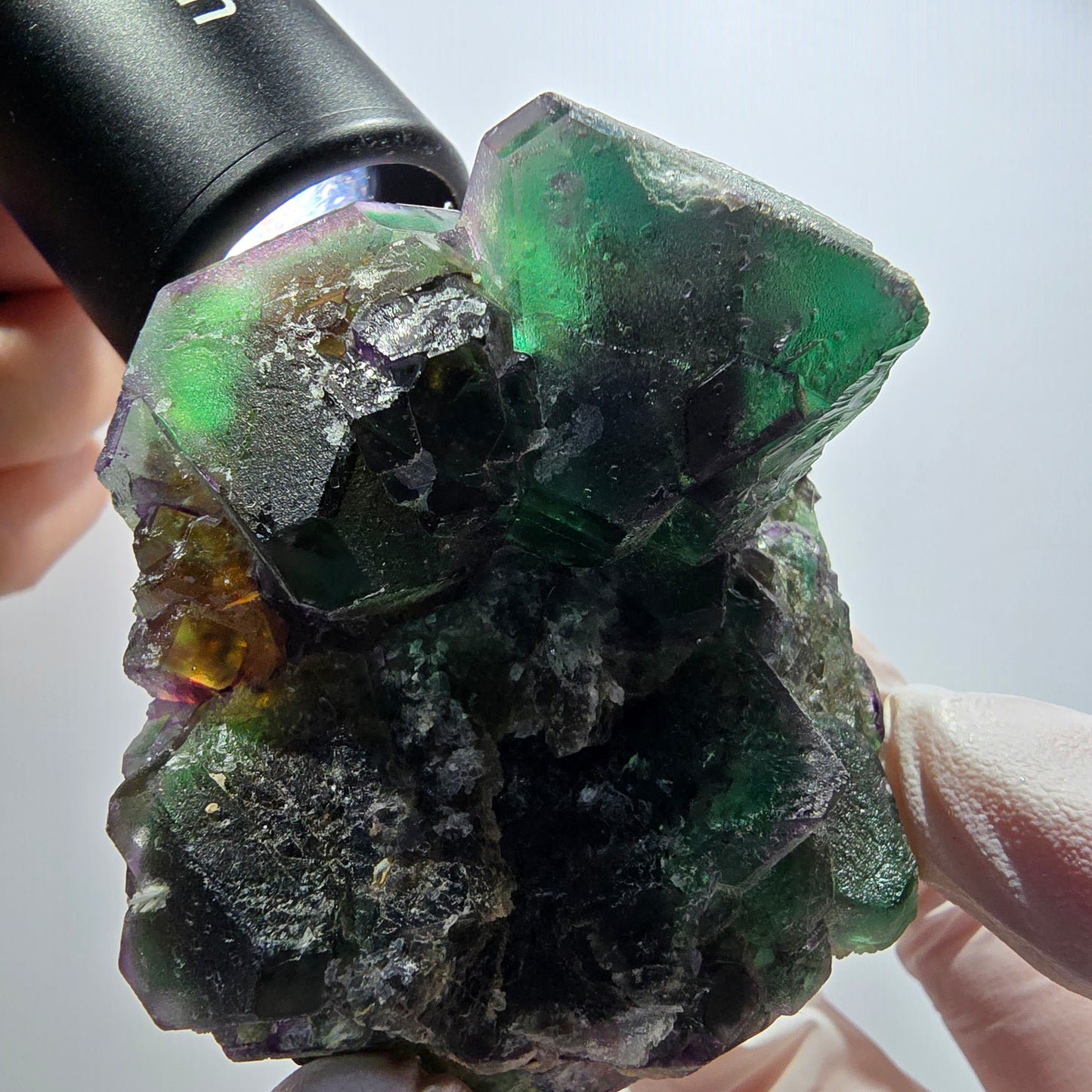 Phantom Fluorit, hexagonal, Schörl Turmalin, Muskovit, Hyalit Erongo, Namibia 71*64*44mm