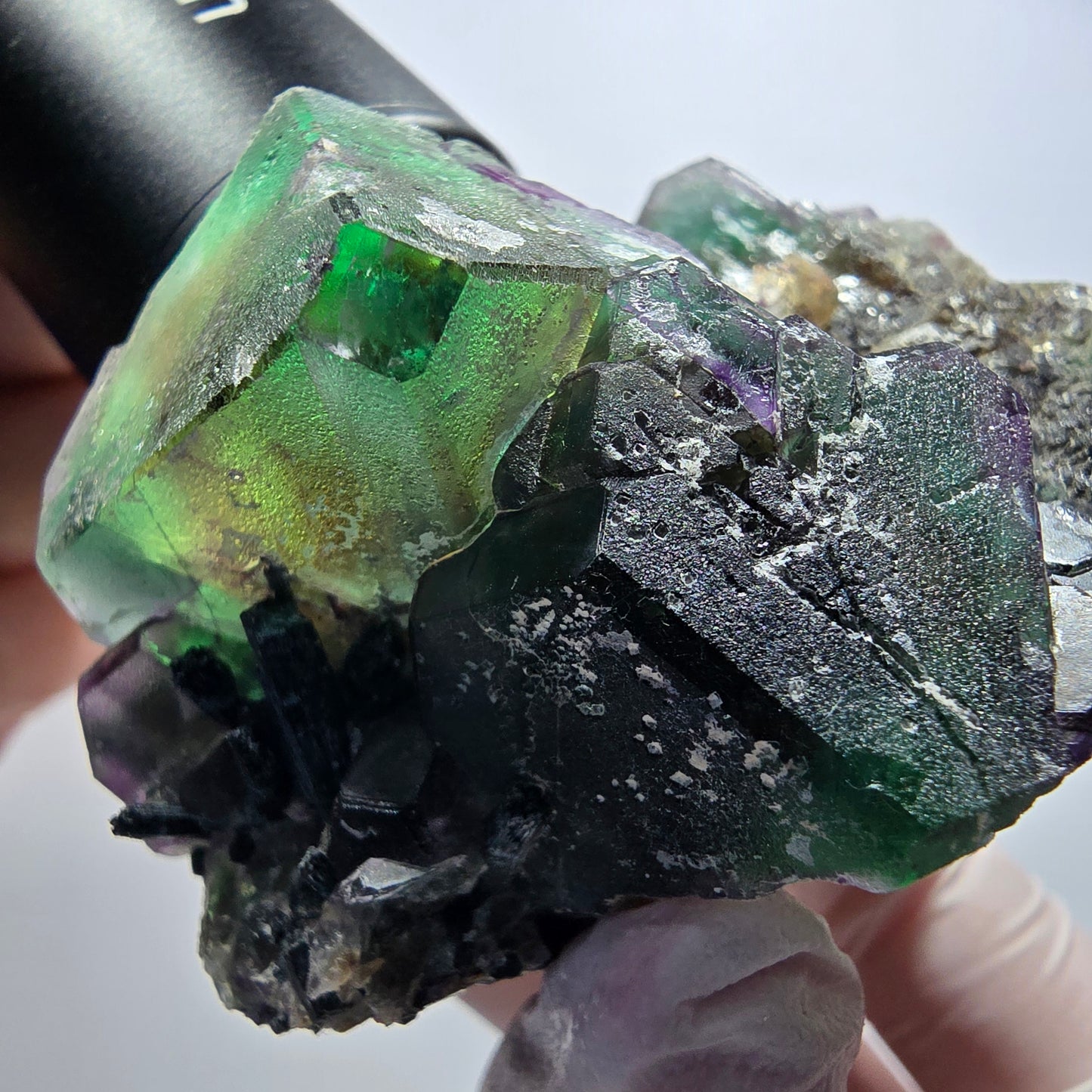 Phantom Fluorit, hexagonal, Schörl Turmalin, Muskovit, Hyalit Erongo, Namibia 71*64*44mm