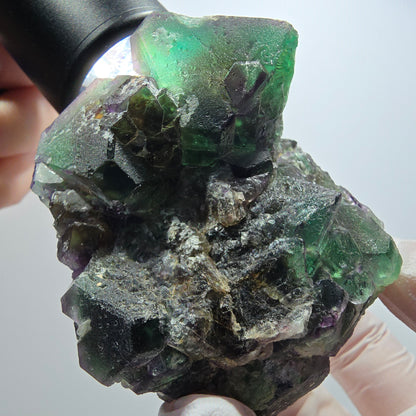 Phantom Fluorit, hexagonal, Schörl Turmalin, Muskovit, Hyalit Erongo, Namibia 71*64*44mm