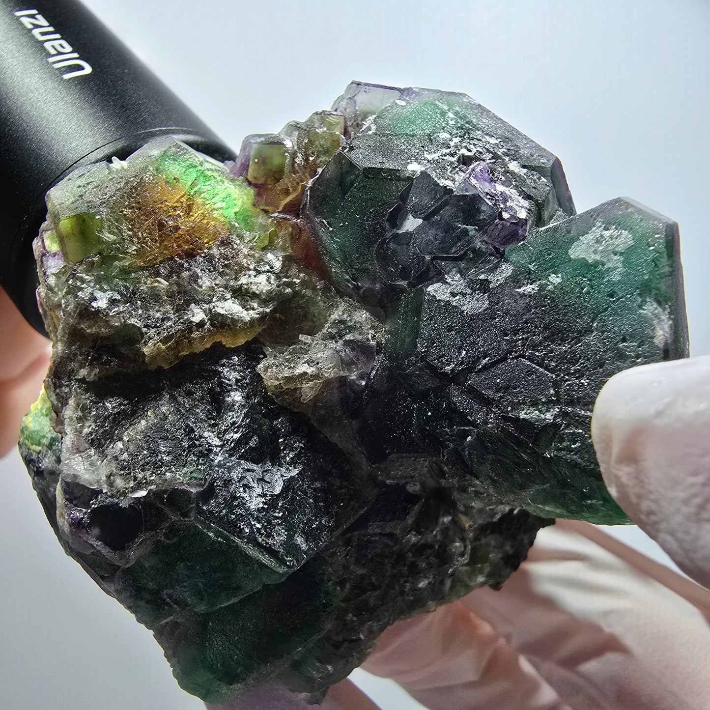 Phantom Fluorit, hexagonal, Schörl Turmalin, Muskovit, Hyalit Erongo, Namibia 71*64*44mm