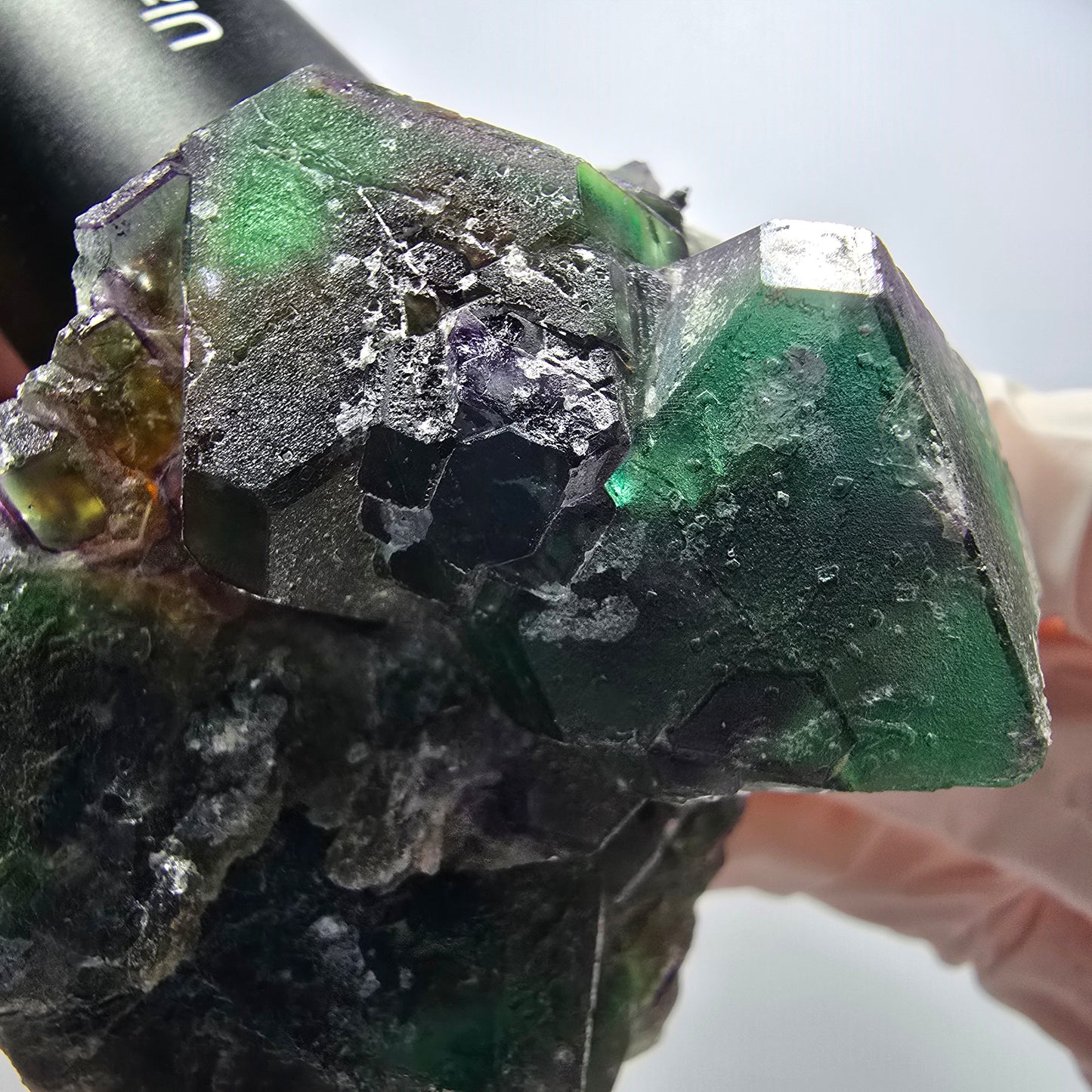 Phantom Fluorit, hexagonal, Schörl Turmalin, Muskovit, Hyalit Erongo, Namibia 71*64*44mm