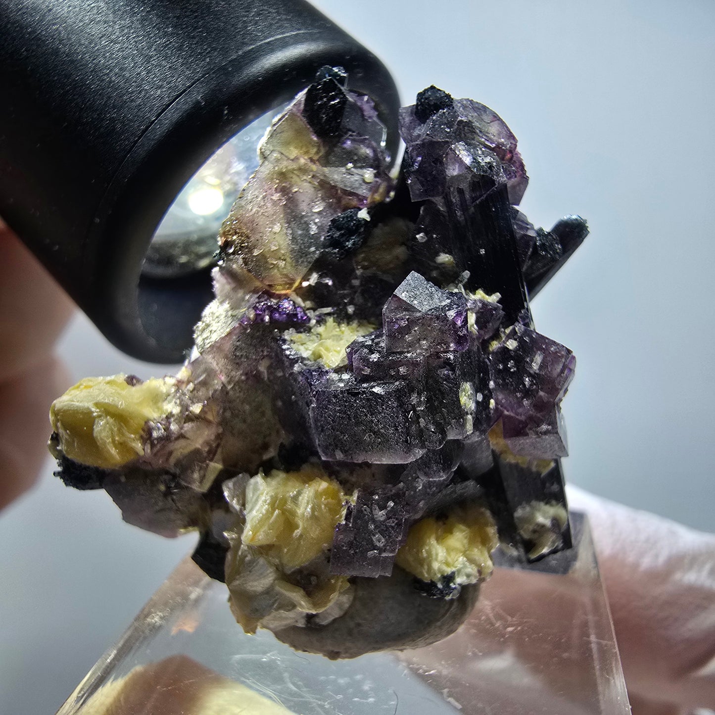 Bunte Phantom Fluorit, Schörl Turmalin, Muskovit, Hyalit Erongo, Namibia 34*33*22mm