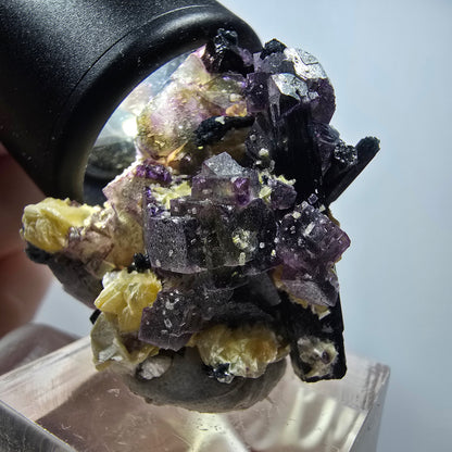 Bunte Phantom Fluorit, Schörl Turmalin, Muskovit, Hyalit Erongo, Namibia 34*33*22mm