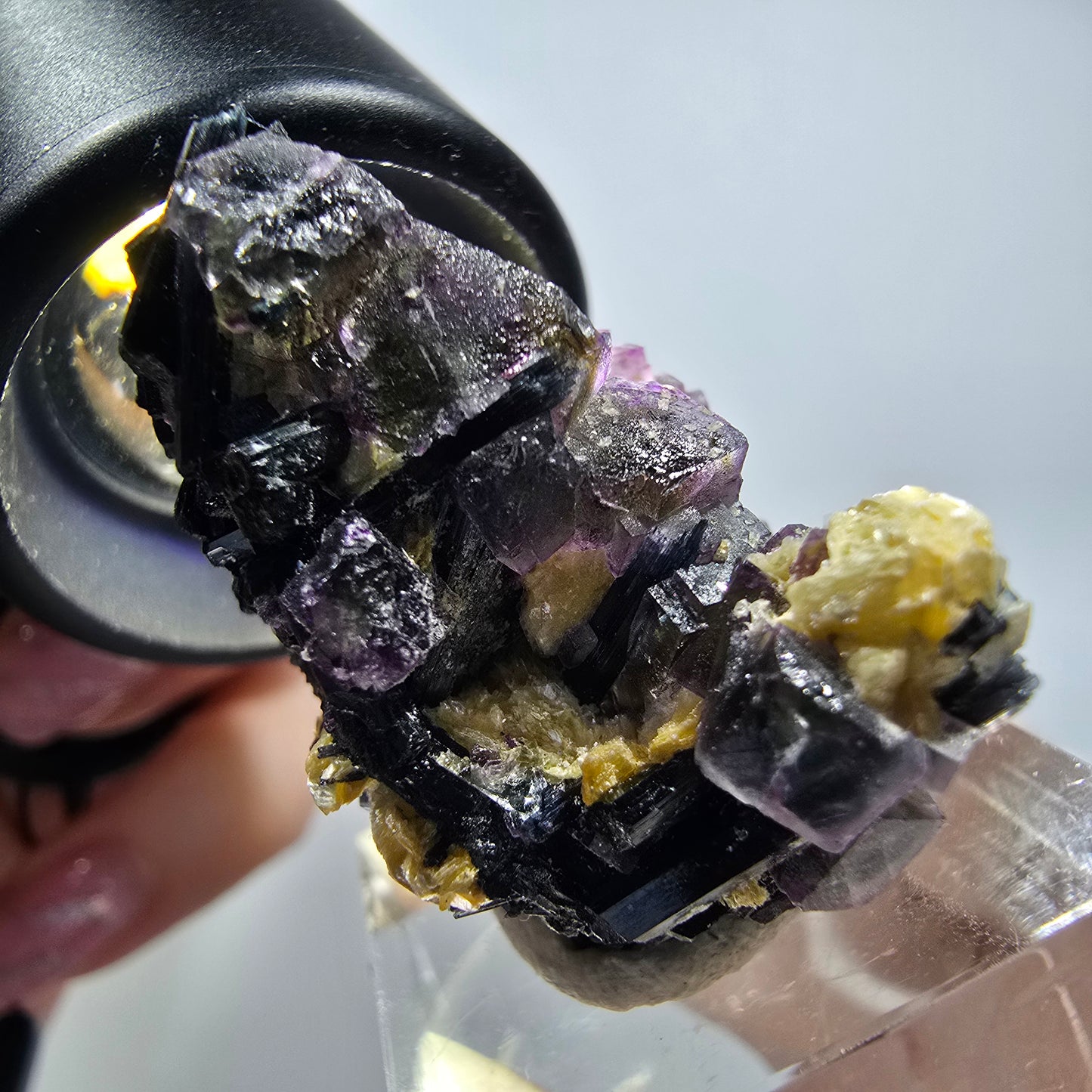 Bunte Phantom Fluorit, Schörl Turmalin, Muskovit, Hyalit Erongo, Namibia 34*33*22mm