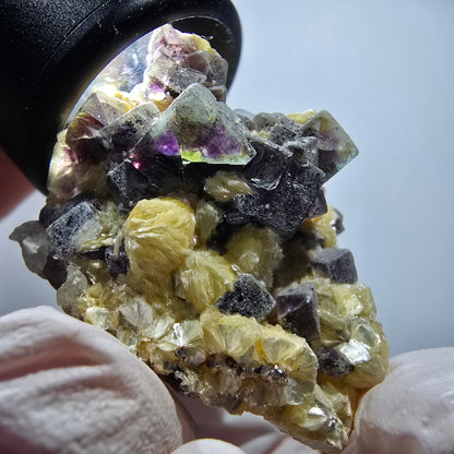 Bunte Phantom Fluorit Würfel, Muskovit, Hyalit, Rauchquarz Erongo, Namibia 42*36*29mm