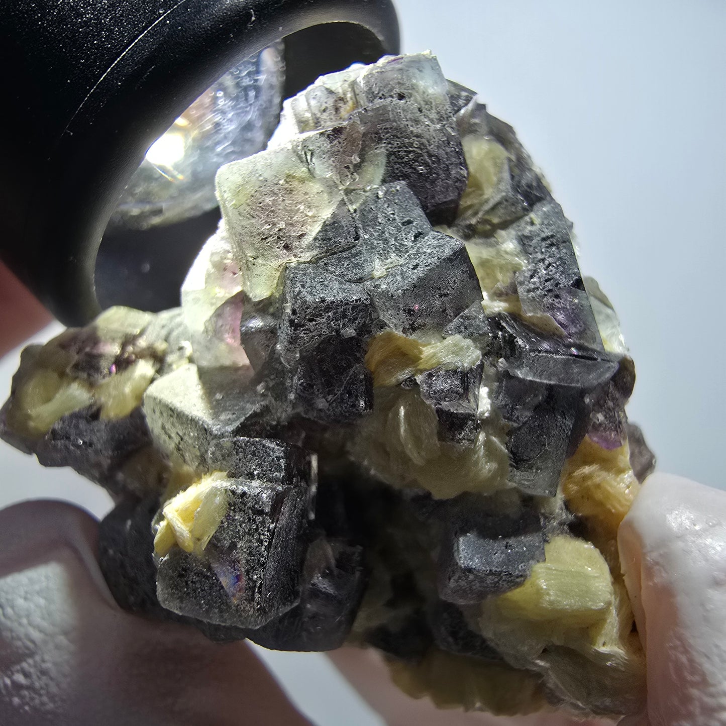 Bunte Phantom Fluorit Würfel, Muskovit, Hyalit, Rauchquarz Erongo, Namibia 42*36*29mm